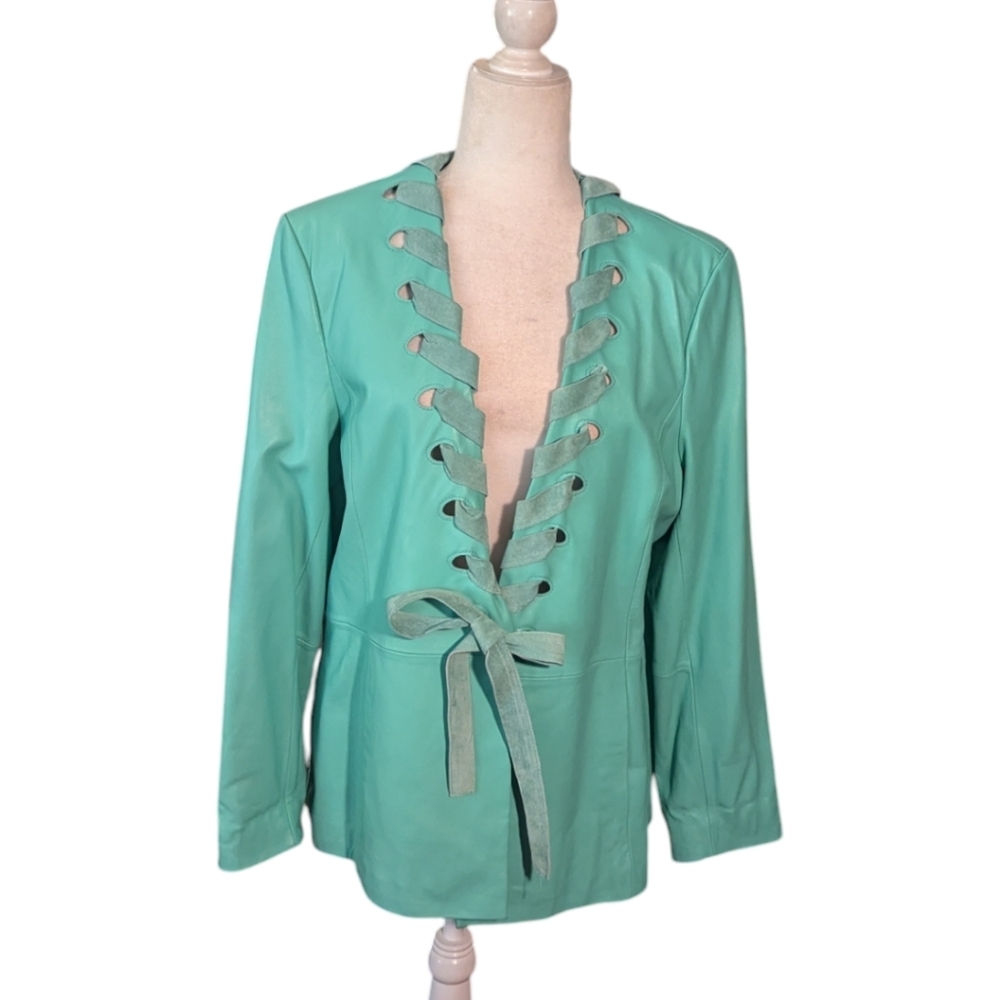 Pamela McCoy Pale Green 100% Leather Jacket With Suede Tie Details NWT Sz L